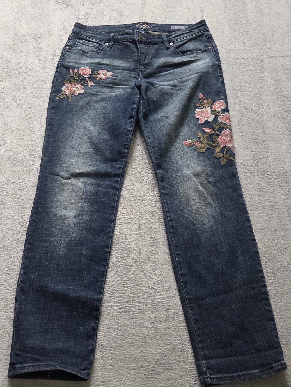 Miracle Jean Dark Blue Freedom Boyfriend Jeans Pink Floral Embroidery EUC Size 0